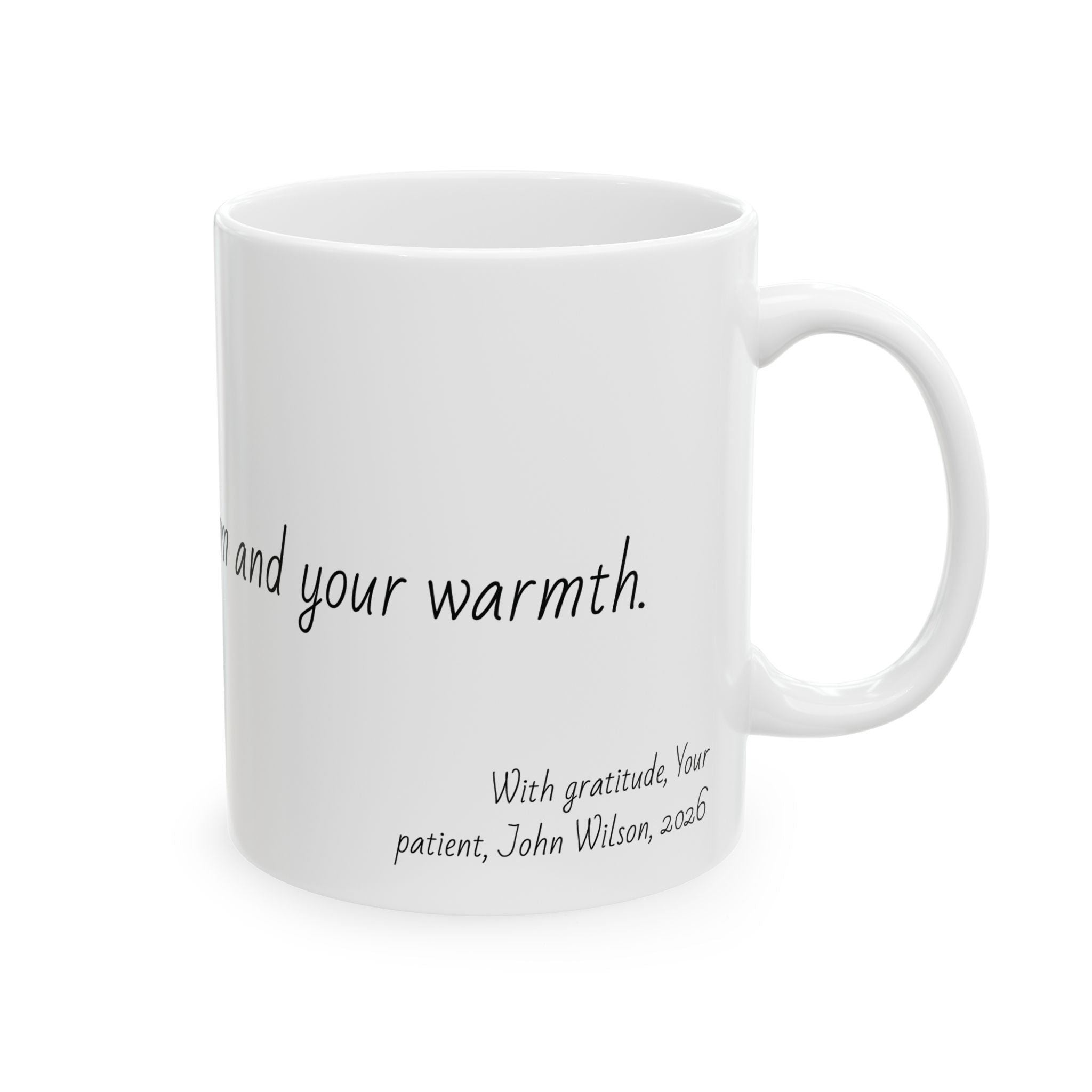 "Grateful for your wisdom and your warmth." Personalized Doctor Mug - Minimalist Ceramic Coffee Cup for Medical Professionals with quote, wishes, 11oz & 15oz