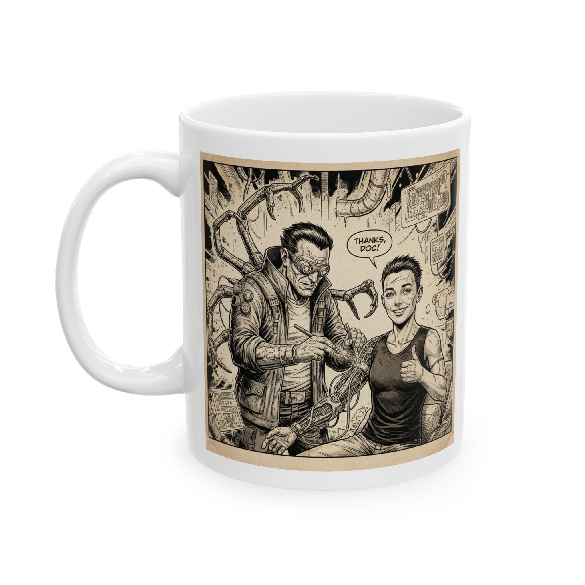 Cyberpunk Sepia "Thanks Doc!" Coffee Mug - Gritty Sci-Fi Medical Art - Retro-Futurist Doctor & Surgeon Gift - White Ceramic Cup, 11oz & 15oz